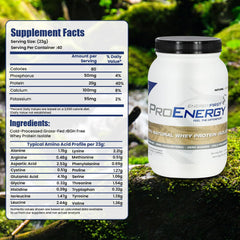 EnergyFirst whey protein powder container on display, unflavored option for meals.