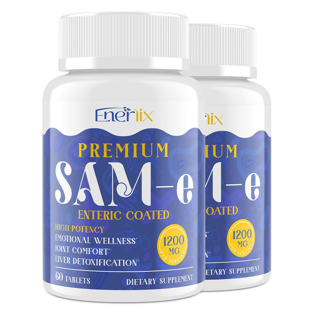 Enerlix 1200mg SAM-e bottle pour shows easy daily dosing for potential mood and joint support.
