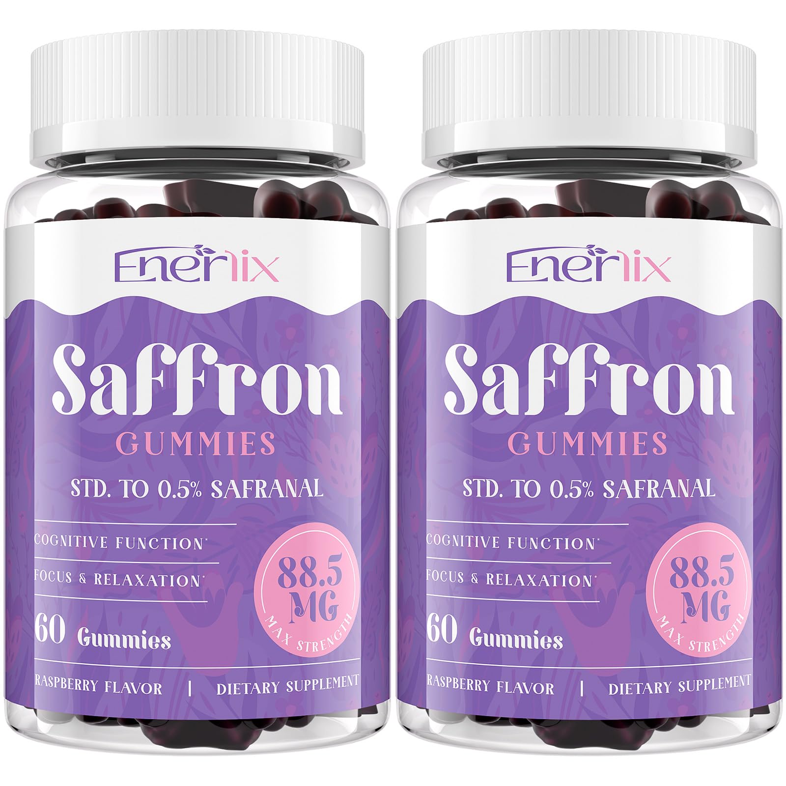 Enerlix Saffron Gummies bottle close-up highlighting high-potency saffron for mood support