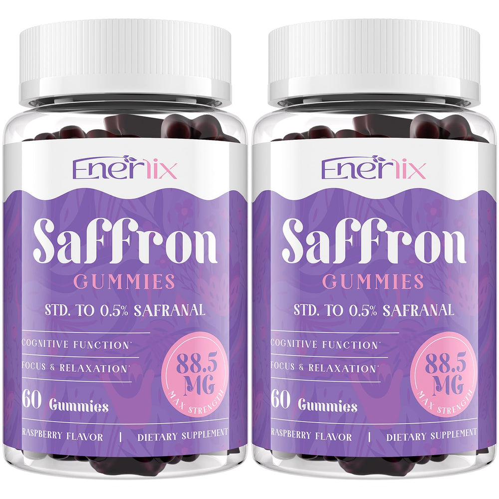Enerlix Saffron Gummies bottle close-up highlighting high-potency saffron for mood support