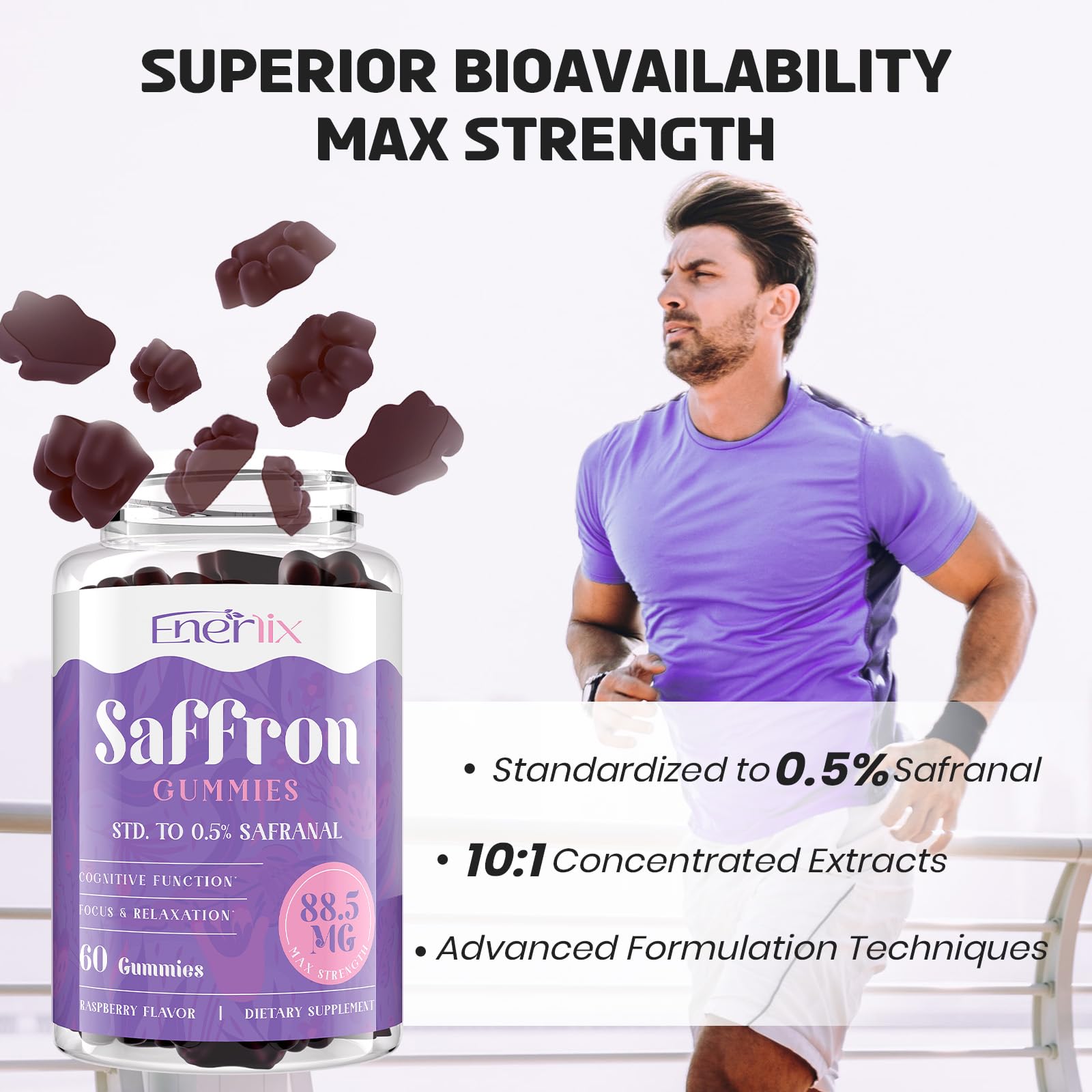 Enerlix Saffron Gummies ingredient panel features magnesium glycinate and botanicals