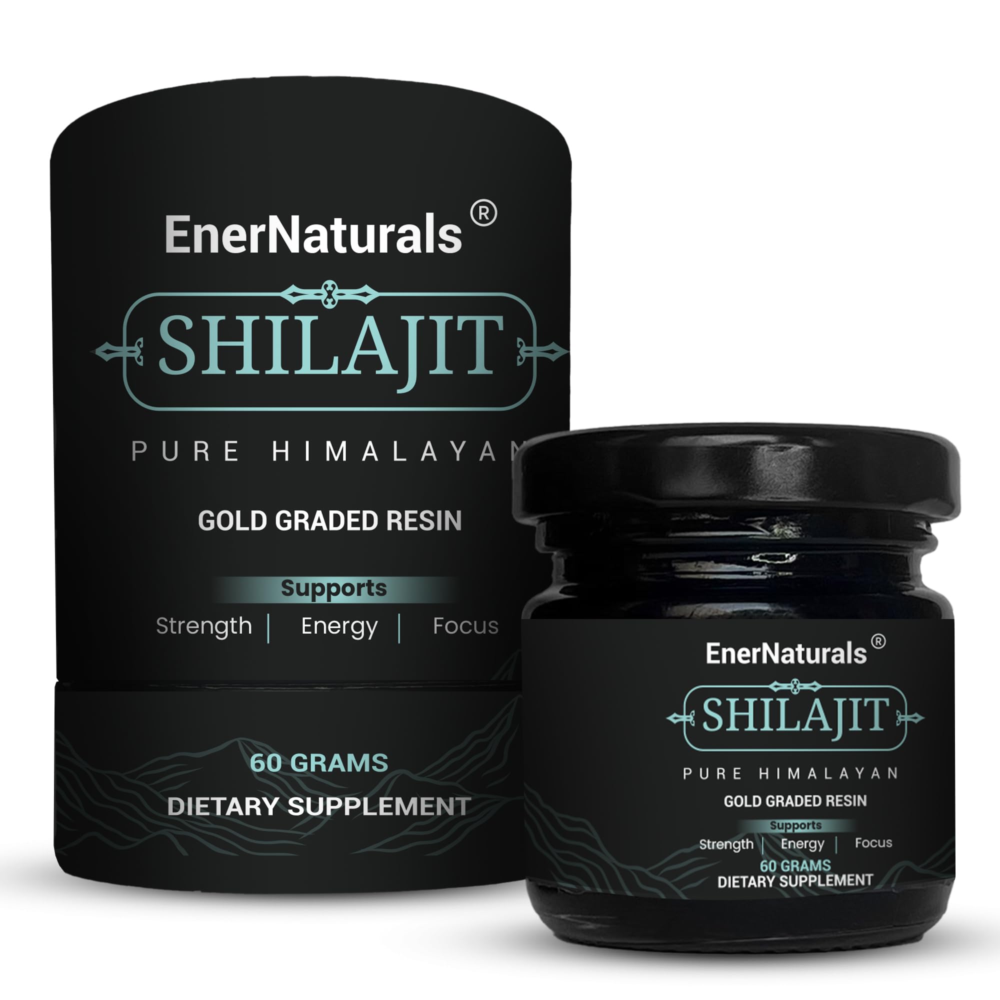 EnerNaturals Himalayan Shilajit resin in a glass jar for daily use.
