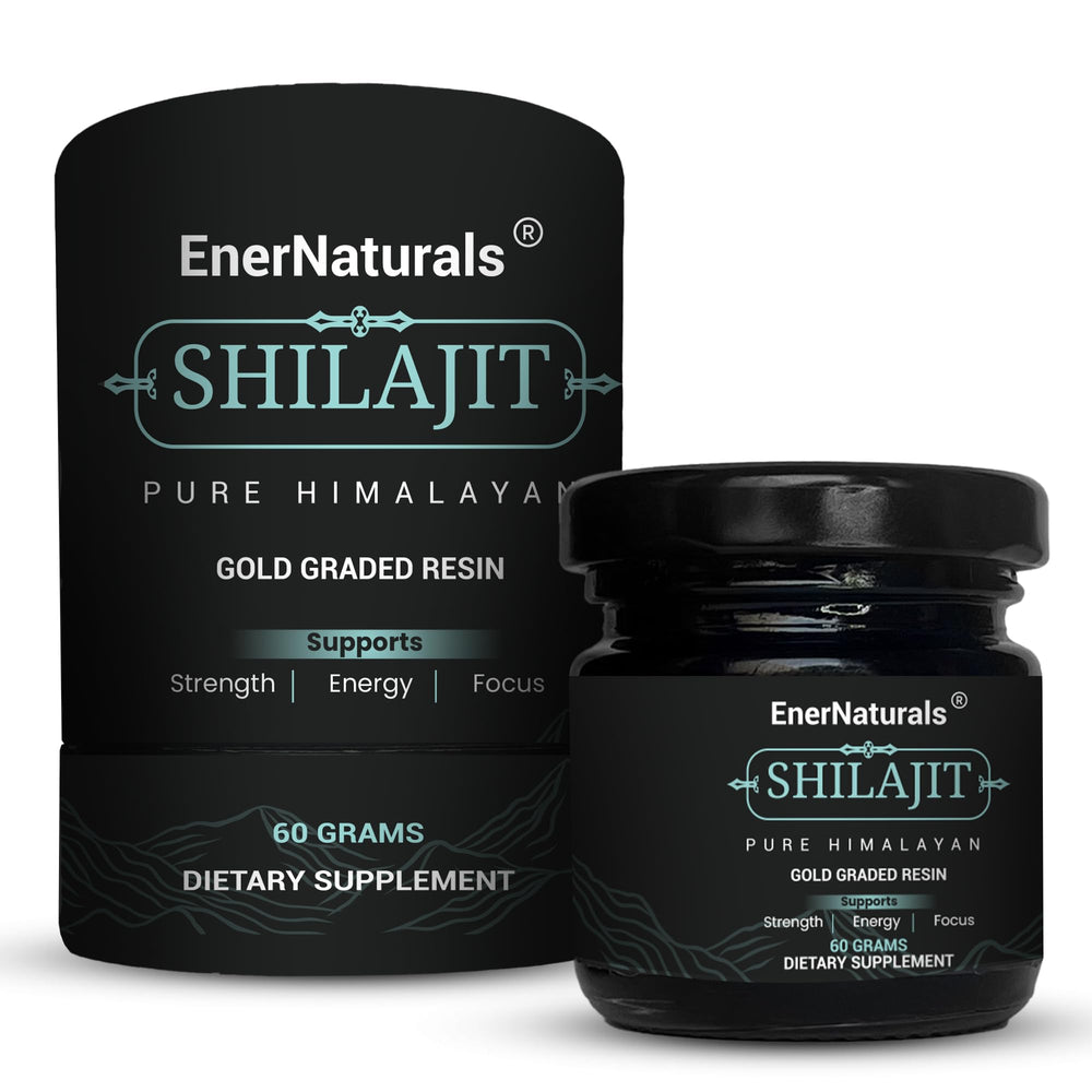 EnerNaturals Himalayan Shilajit resin in a glass jar for daily use.
