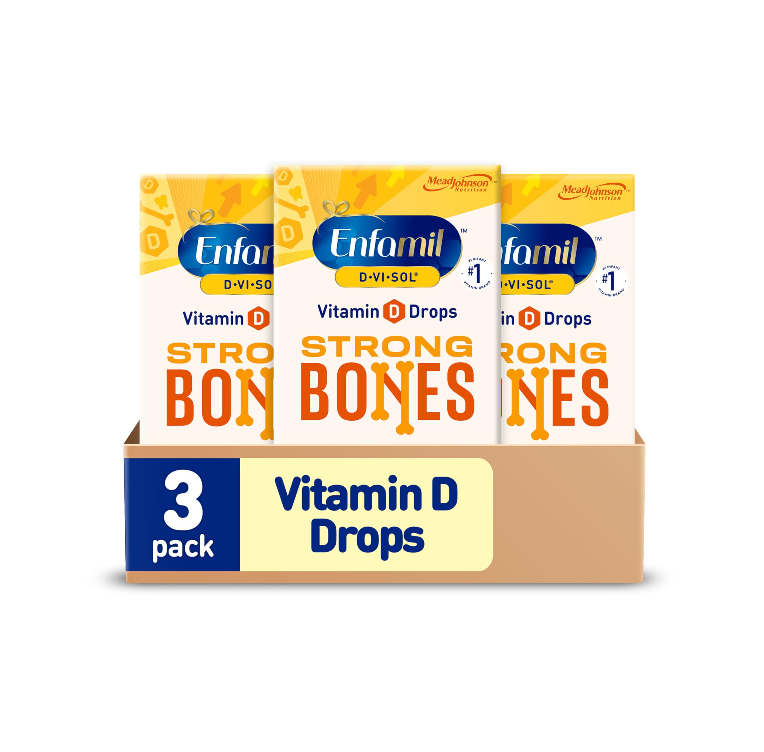 Enfamil D-Vi-Sol baby drops in a bottle, supporting daily vitamin D for infants.
