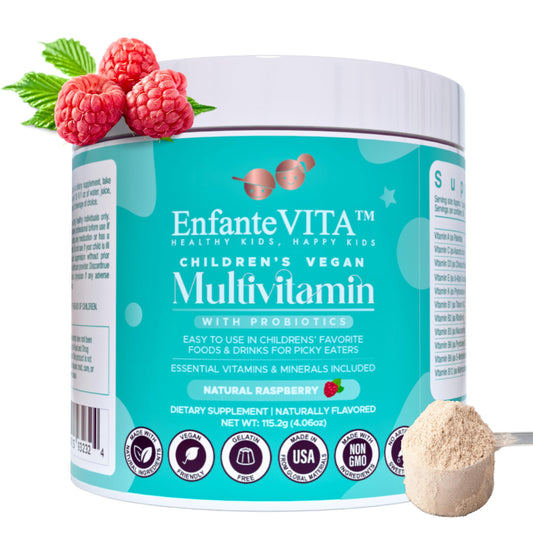 EnfanteVITA all-in-one kids vitamins raspberry flavor bottle shows a tasty daily supplement.