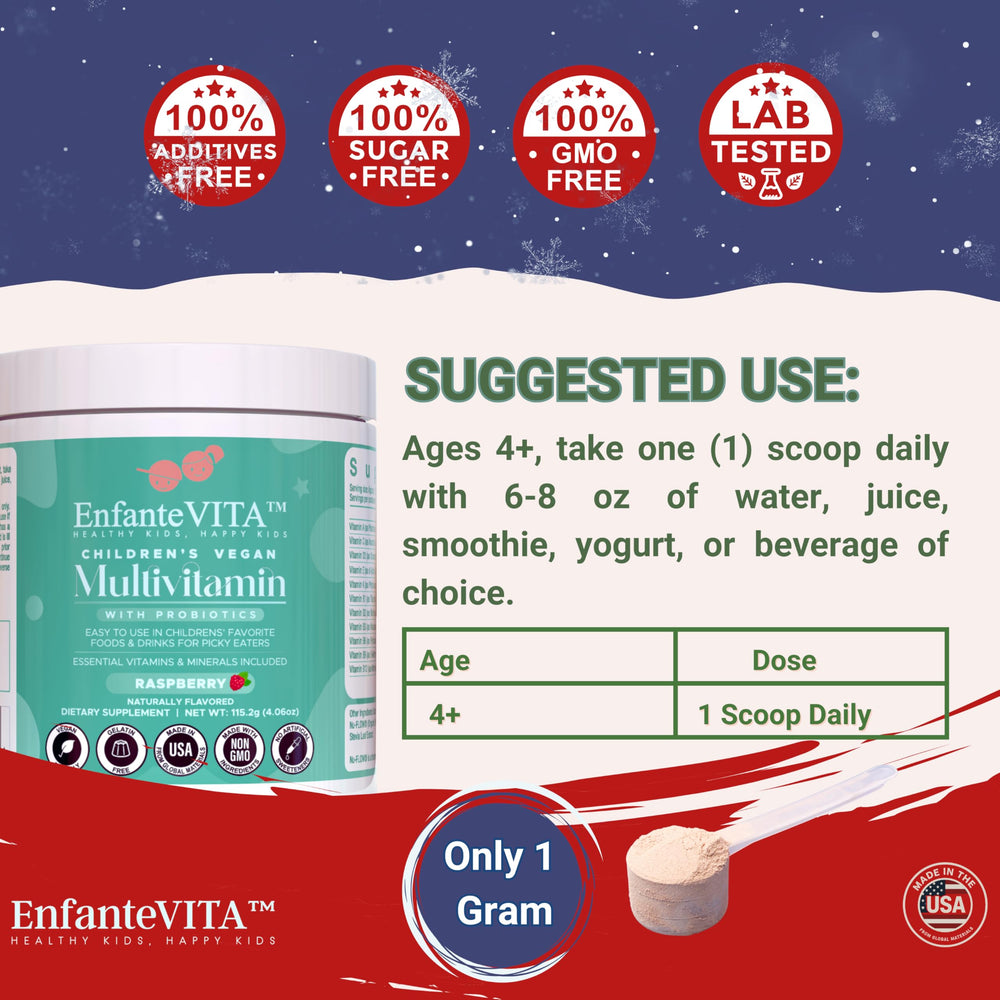 EnfanteVITA gut-health powder highlights natural ingredients and allergen-free formula.