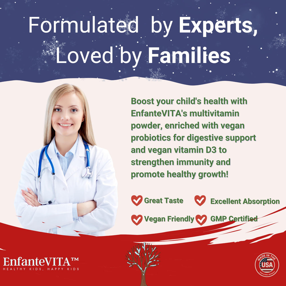 EnfanteVITA USA-made facility badge signals GMP and FDA-registered quality.