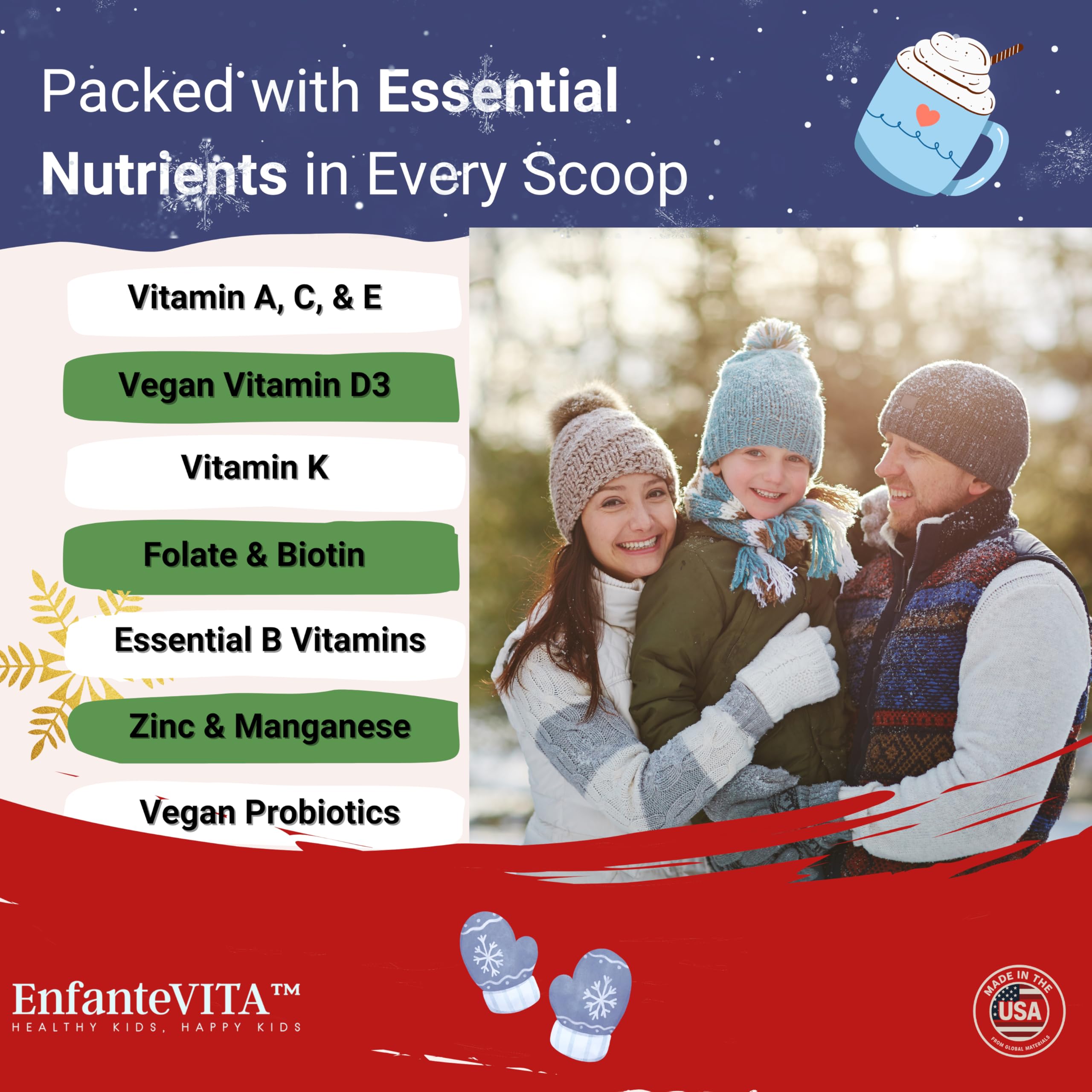 EnfanteVITA probiotics powder with scoop supports gut-friendly nutrition for kids.