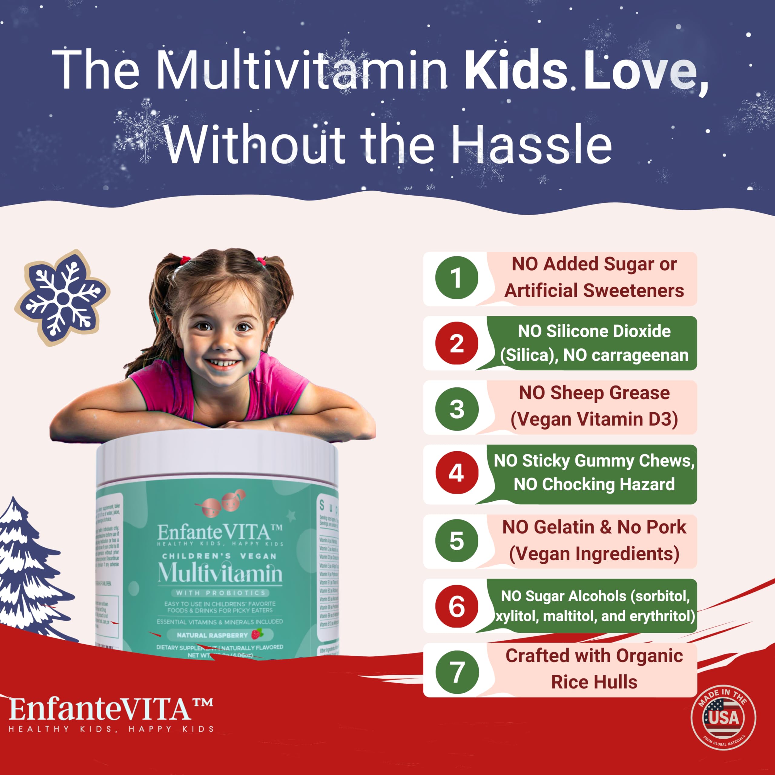 EnfanteVITA vegan D3 kids vitamin powder emphasizes plant-based nutrition.
