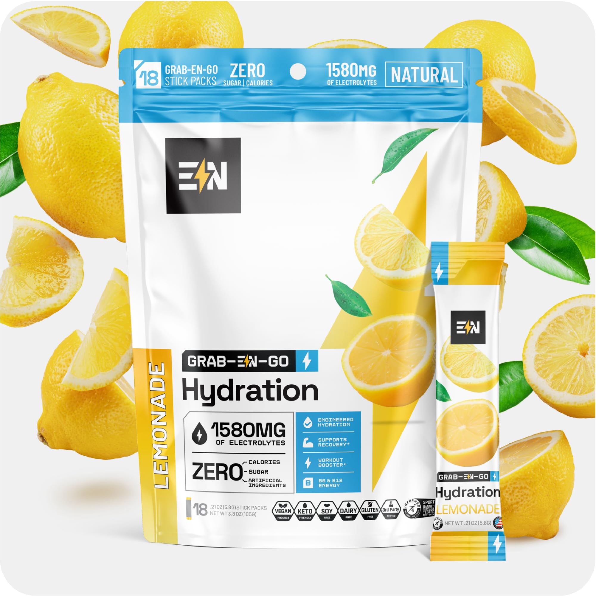 Engineered Nutrition lemonade electrolyte packet front view for quick on-the-go hydration