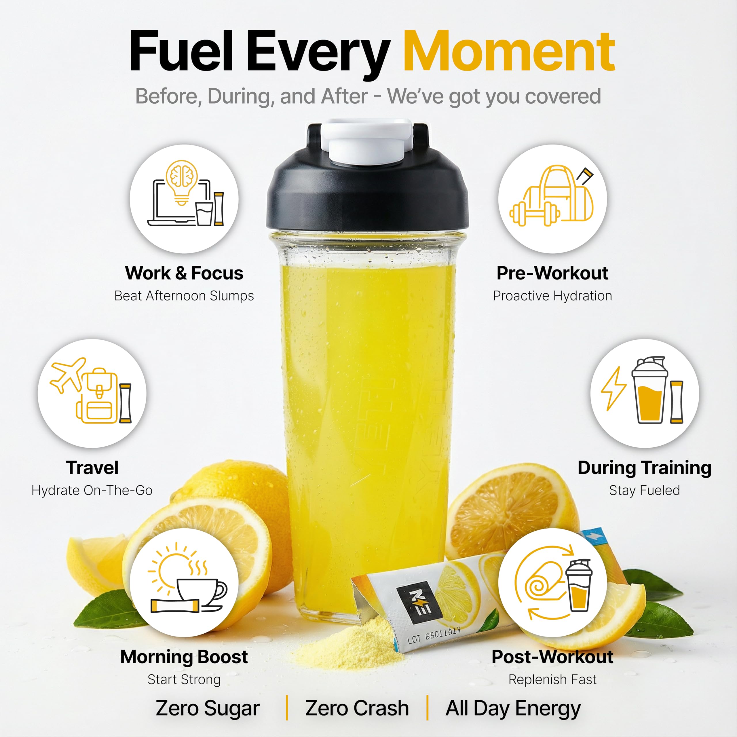 Engineered Nutrition lemonade electrolyte packet being poured into water for instant refreshing hydration