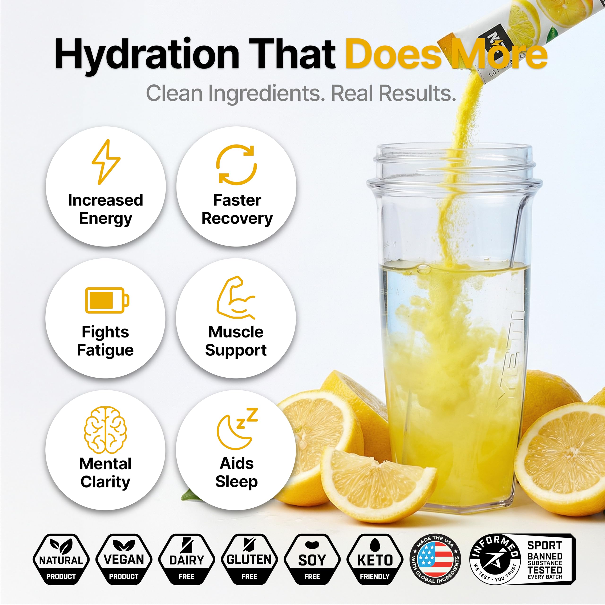 Engineered Nutrition lemonade electrolyte packets stacked for clear hydration support during workouts