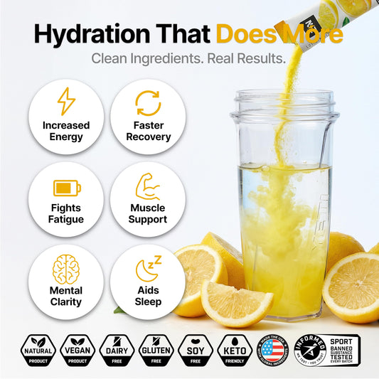 Engineered Nutrition lemonade electrolyte packets stacked for clear hydration support during workouts