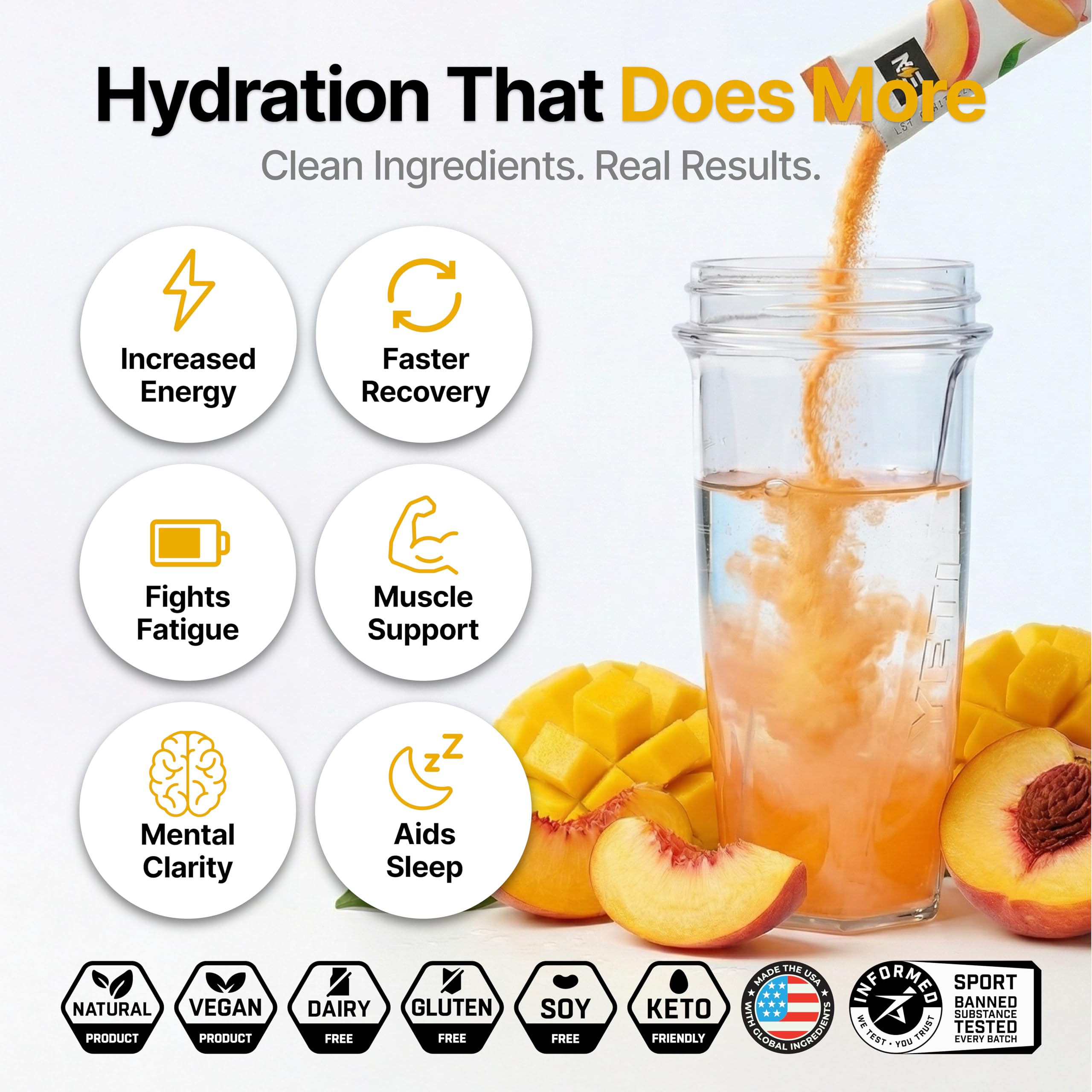 Engineered Nutrition peach mango hydration packet in glass for quick, clean electrolyte balance