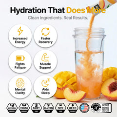 Engineered Nutrition peach mango hydration packet in glass for quick, clean electrolyte balance