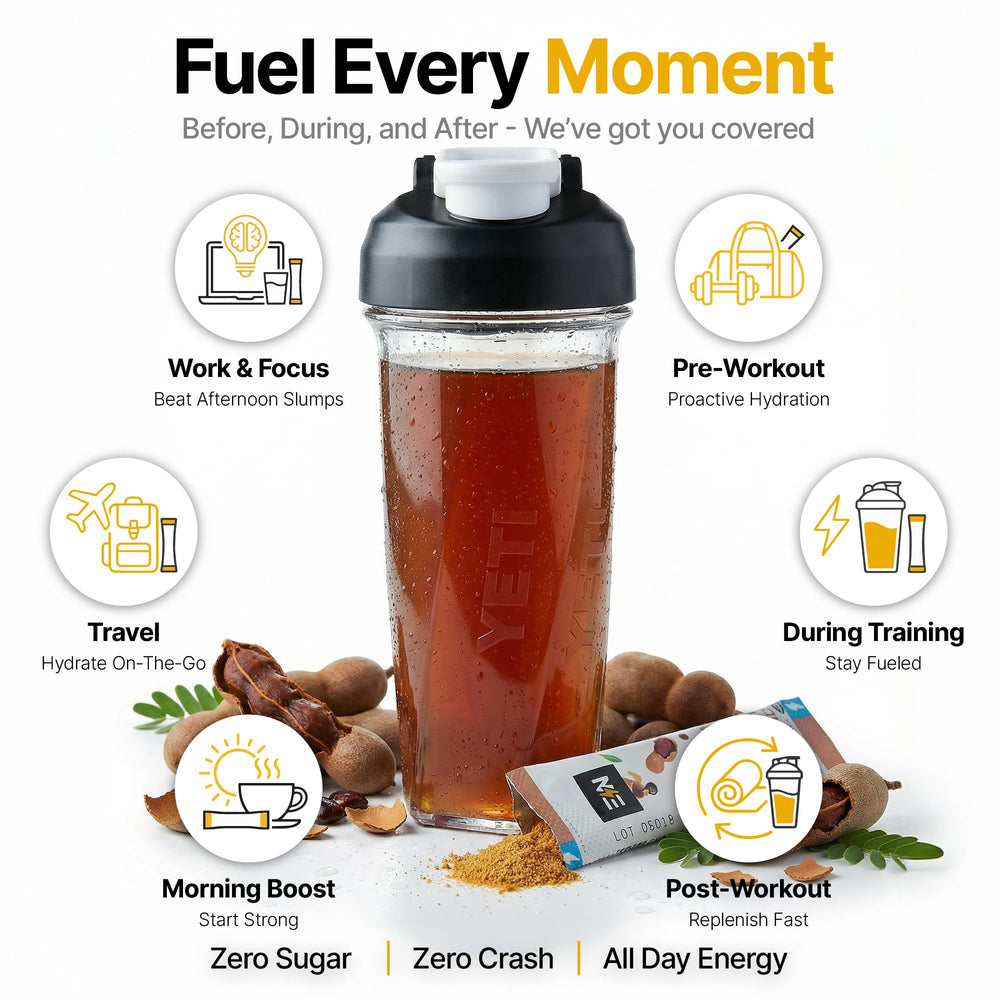 Engineered Nutrition tamarind electrolyte packet pouring into glass for quick zero-calorie refreshment