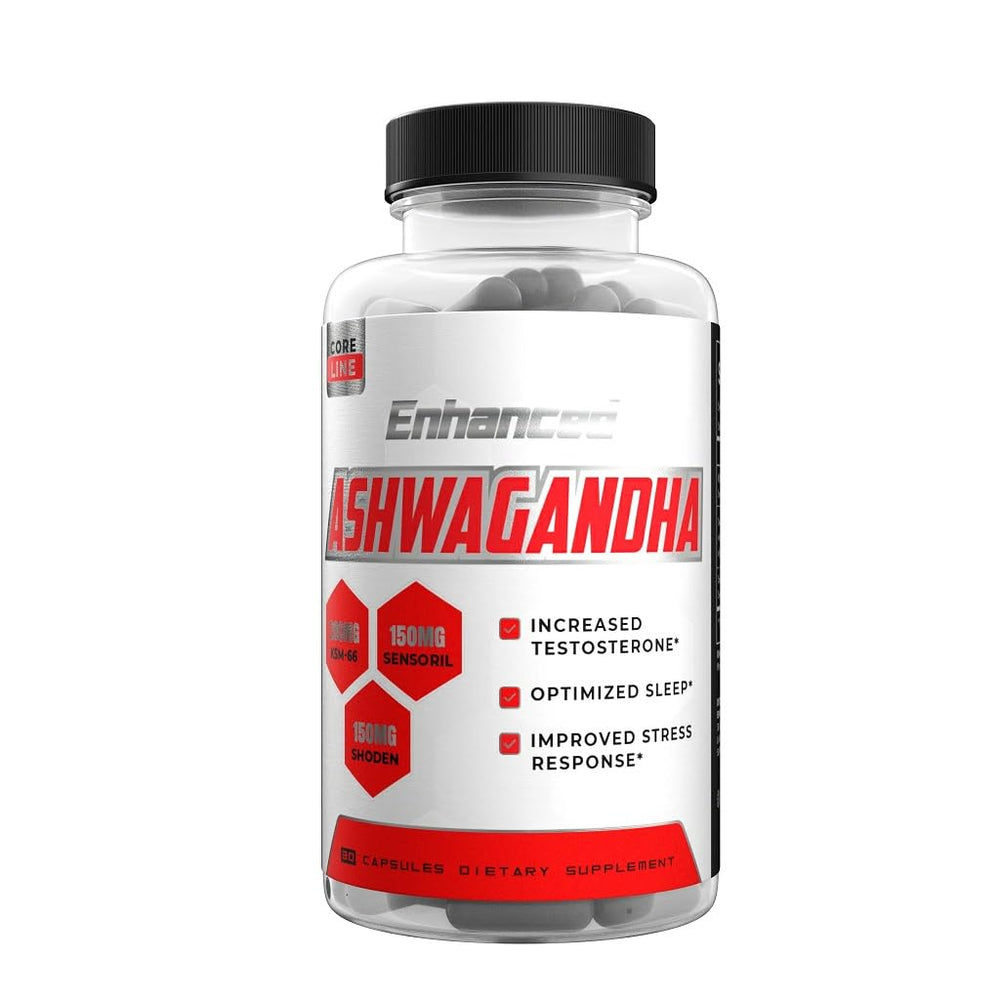 Enhanced Ashwagandha bottle close-up for calm focus.