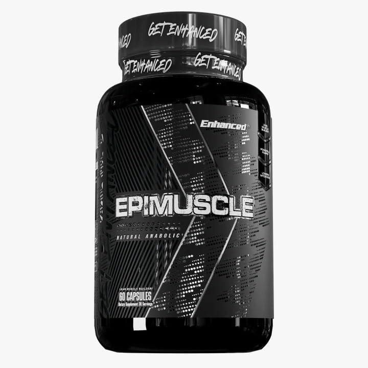 Enhanced Epimuscle bottle front shows brand and capsules for plateau support