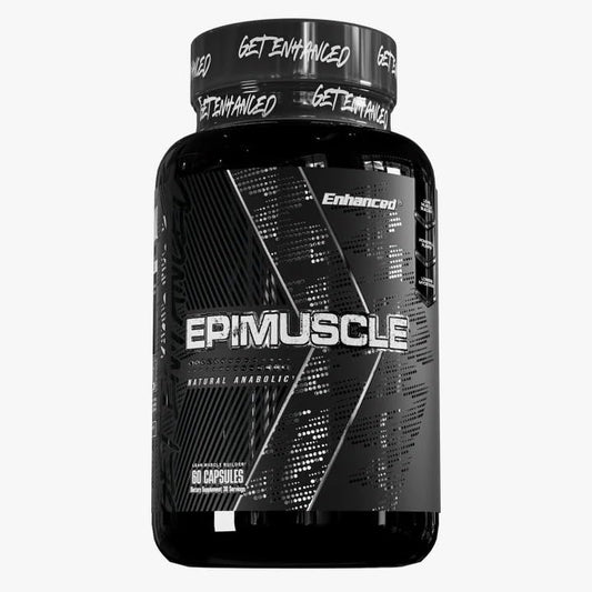 Enhanced Epimuscle bottle front shows brand and capsules for plateau support