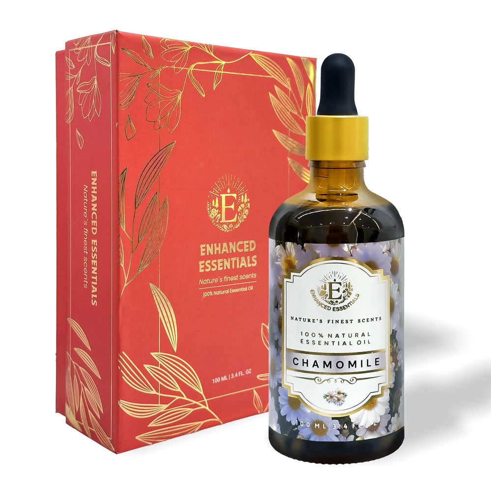 Enhanced Essentials Chamomile oil bottle with premium packaging and dropper for precise application.