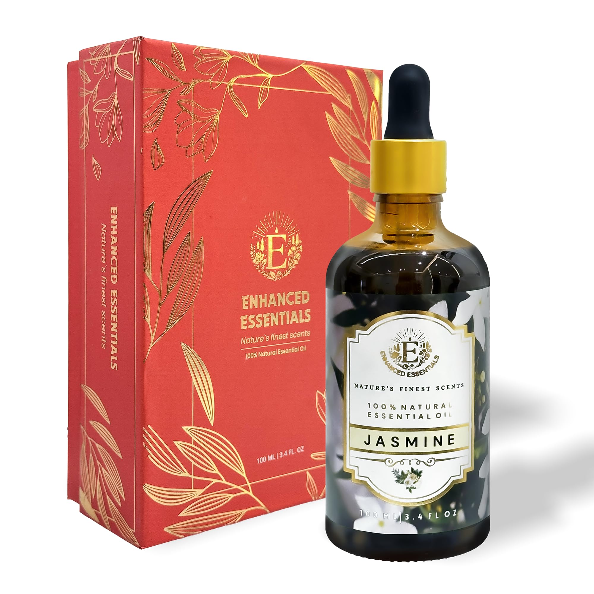 Enhanced Essentials Jasmine essential oil bottle in amber glass with dropper.