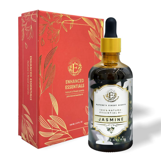 Enhanced Essentials Jasmine essential oil bottle in amber glass with dropper.