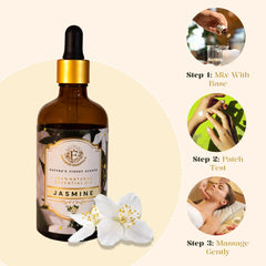 Close-up of jasmine oil bottle highlighting natural fragrance and slow distillation.