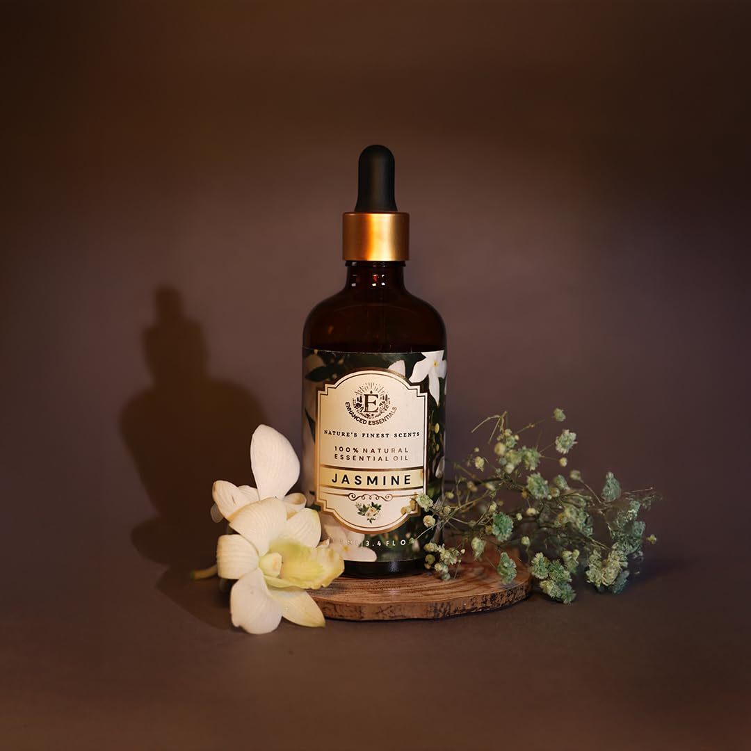 Enhanced Essentials jasmine oil bottle with precision glass dropper for easy use.