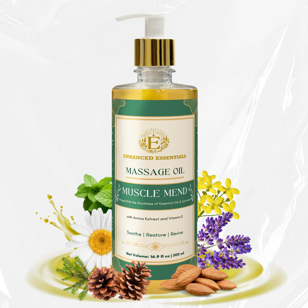 Enhanced Essentials Muscle Mend bottle pour showing easy absorption for post-workout relief.