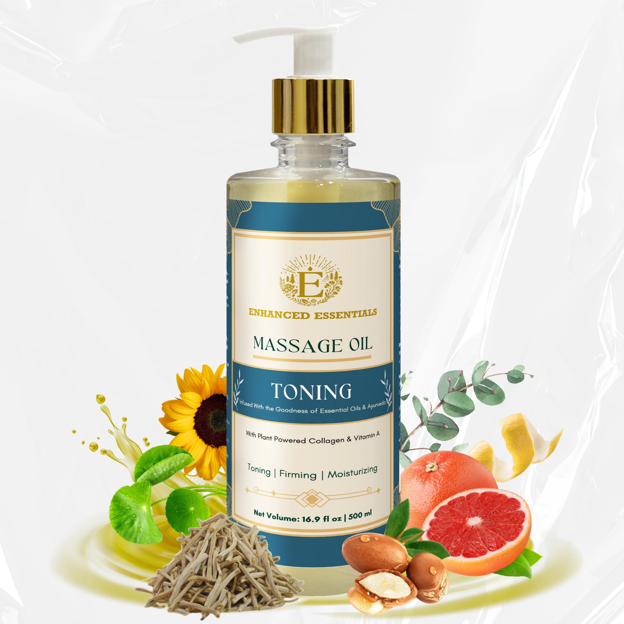 Enhanced Essentials Toning Oil bottle pour showing fast-absorbing formula