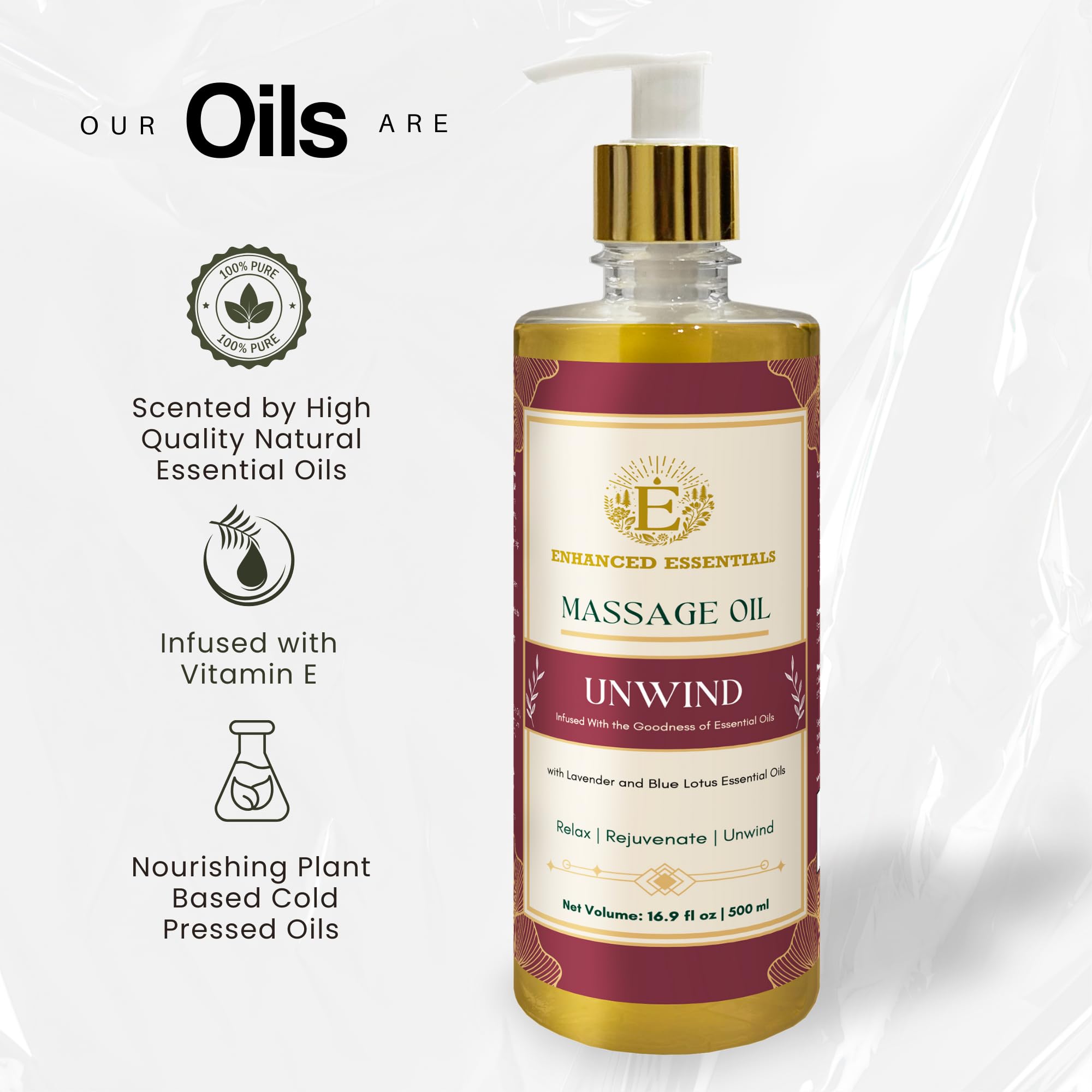 Enhanced Essentials Unwind rosehip oil highlighting rich hydration for the skin.