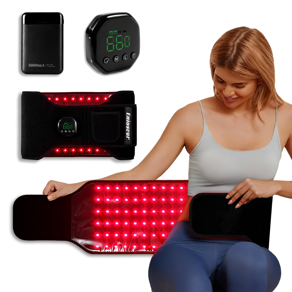 Eniosvar Red Light Therapy Belt front view shows wide treatment area for full-back relief.