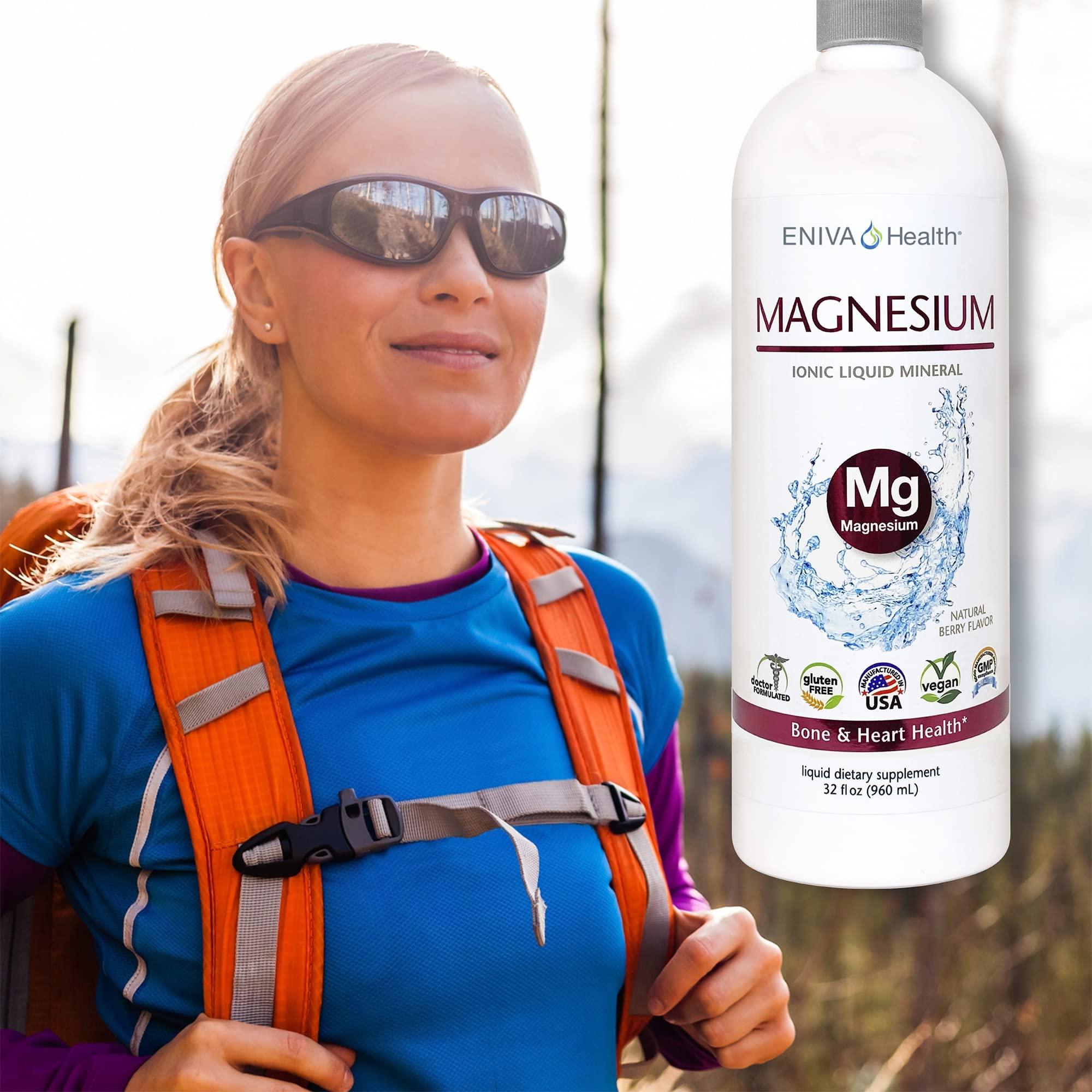 Close-up of Eniva Health magnesium being poured into water with berry hint