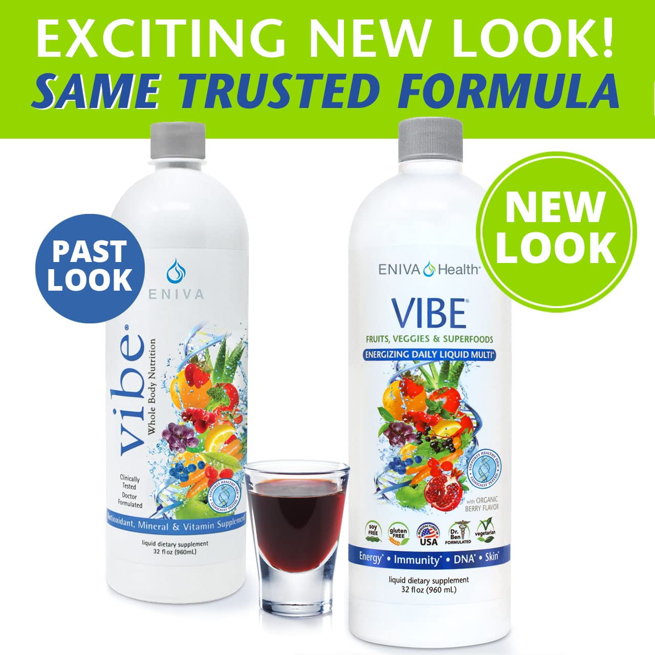 Vibe bottle with fruits and vegetables illustration conveys natural nutrition.