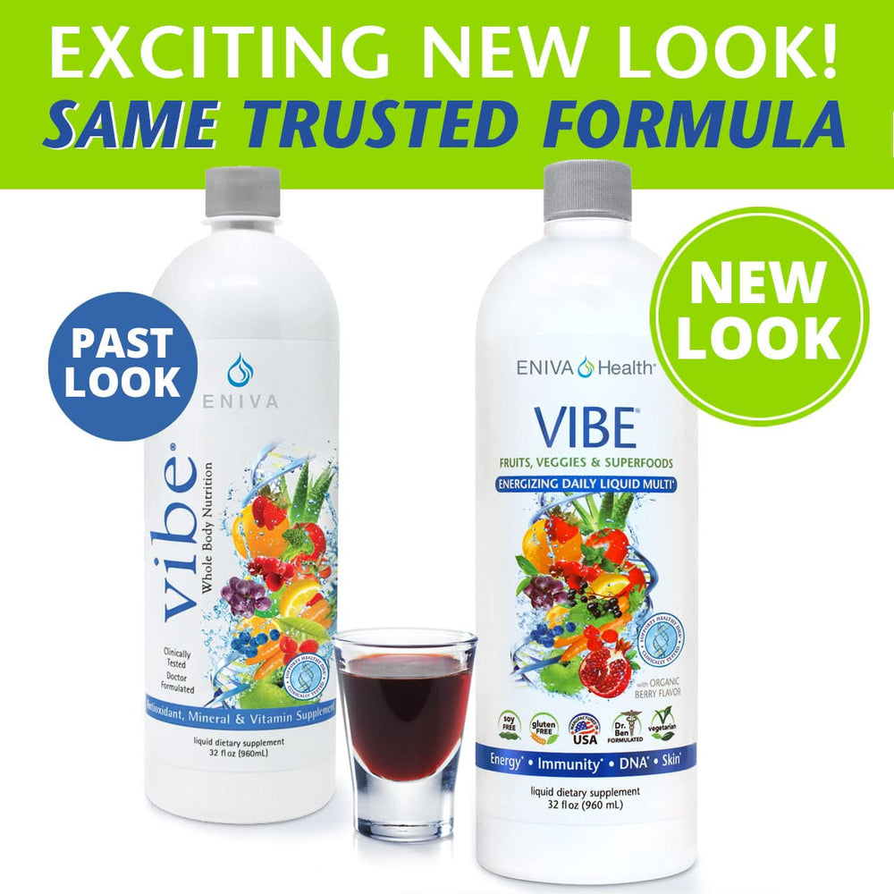 Vibe bottle with fruits and vegetables illustration conveys natural nutrition.