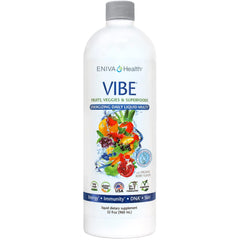 Eniva Health Vibe liquid multivitamin bottle on table with berry flavor for daily nourishment.