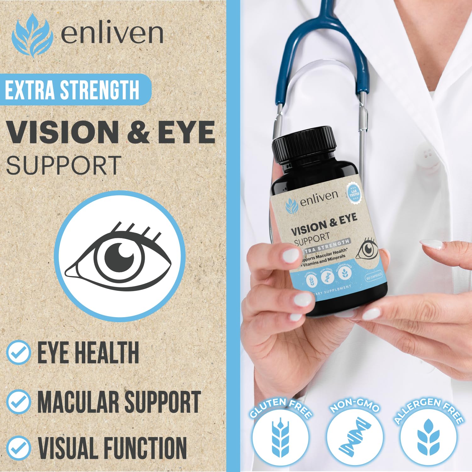 Closeup of Enliven lutein-zeaxanthin capsules for eye comfort.