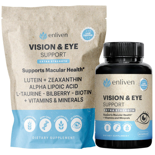 Enliven eye health bottle showing lutein and zeaxanthin for vision support.