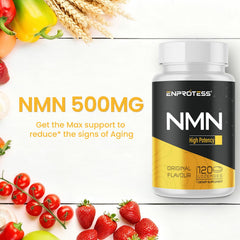 Enprotess NMN bottle beside a glass of water for easy consumption