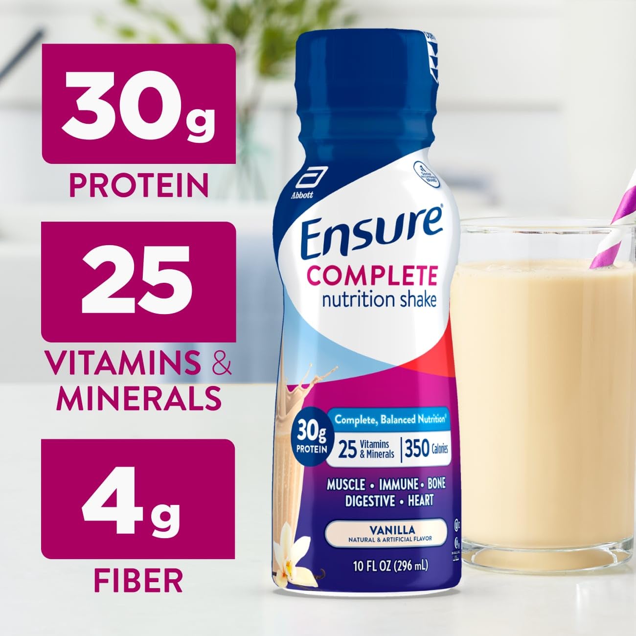 Label close-up of Ensure COMPLETE Vanilla nutrition shake with vitamins for daily vitality