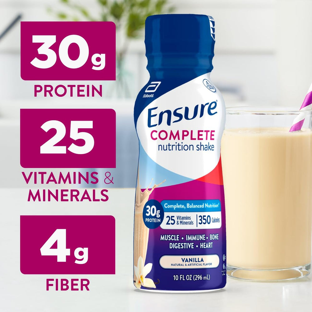 Label close-up of Ensure COMPLETE Vanilla nutrition shake with vitamins for daily vitality