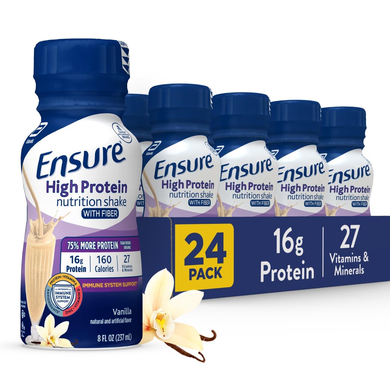 Ensure High Protein bottle with vanilla pour highlighting muscle support and fullness