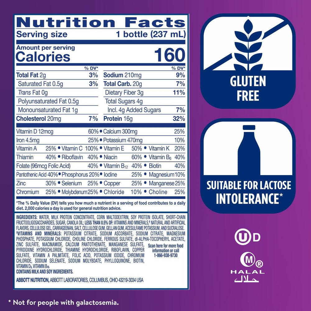 Nutrition facts panel for Ensure High Protein with calories and sugar details