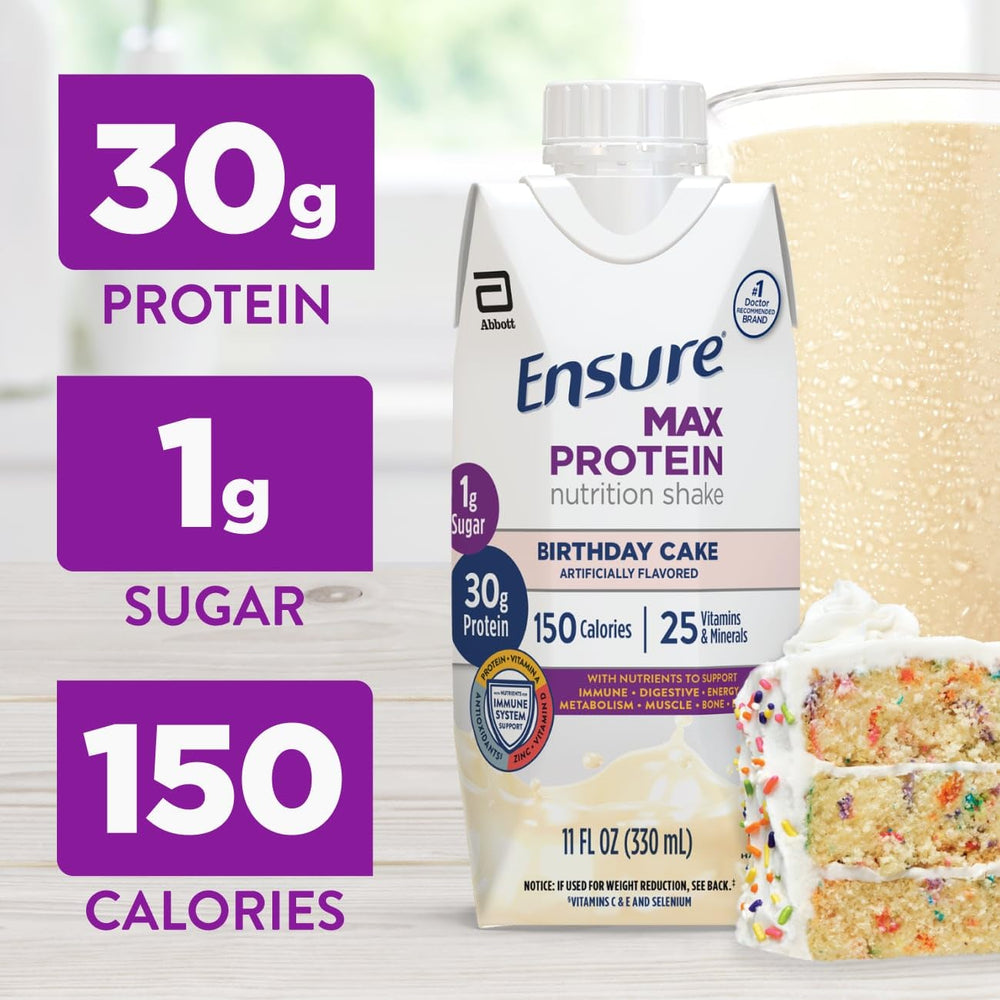 Pouring Ensure Max Protein bottle shows ready-to-drink nutrition on the go