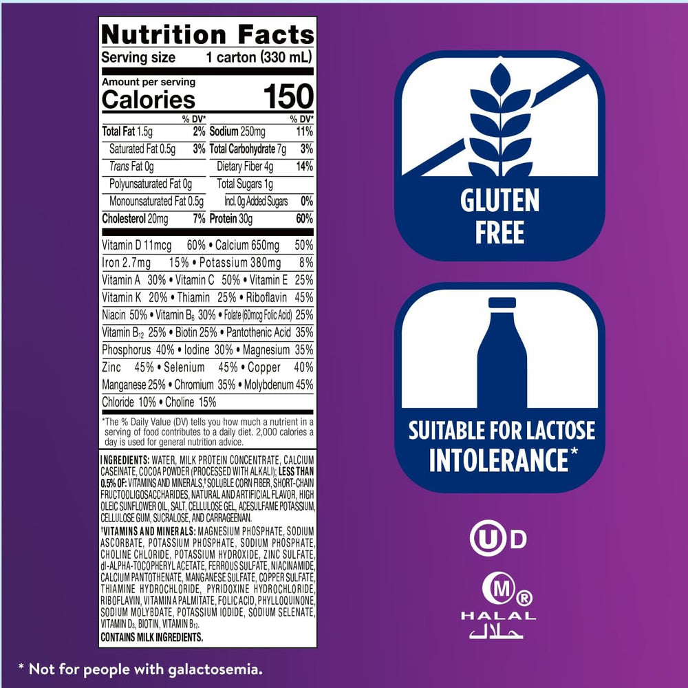 Ensure Max Protein milk chocolate nutrition panel shows vitamins and minerals