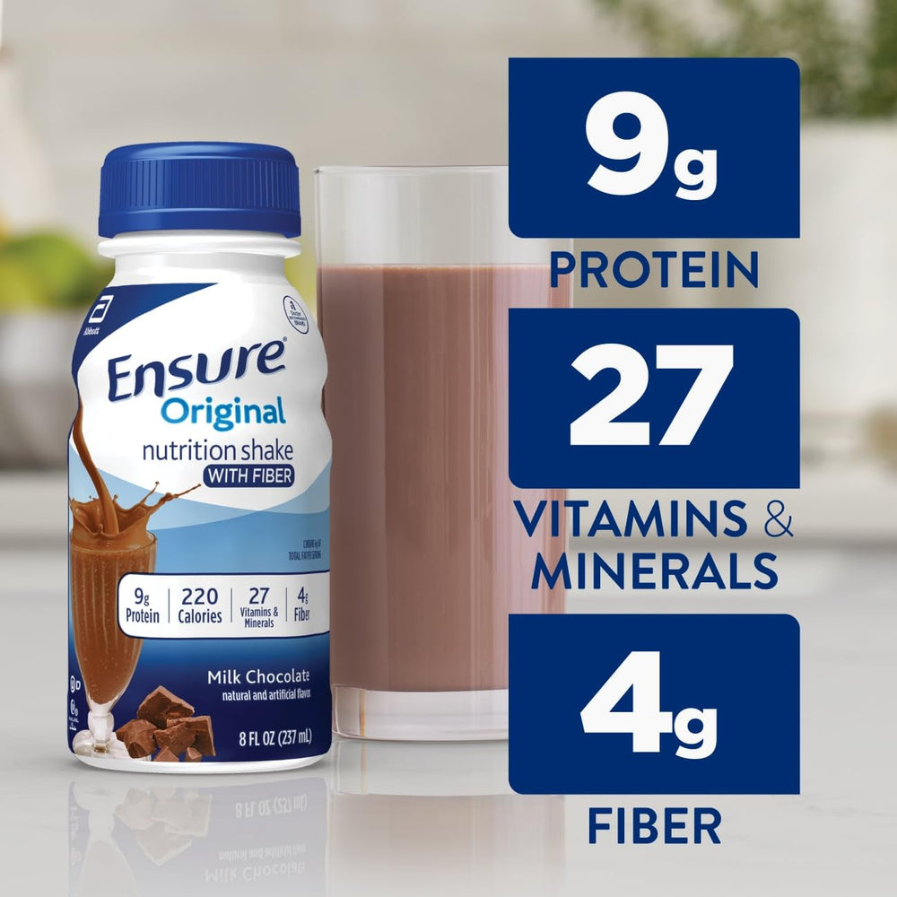 Ensure Original Milk Chocolate shake glass with straw ready as a quick meal substitute.
