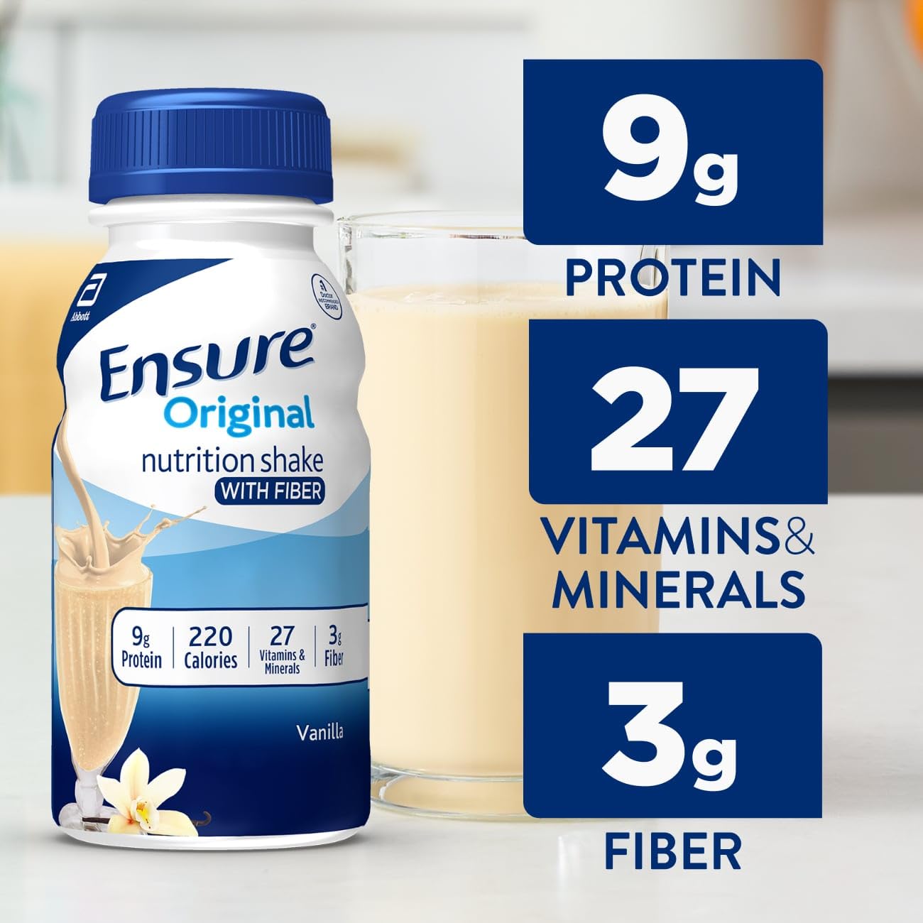 Front label of Ensure Original Vanilla shake emphasizes 9g protein and vitamins.