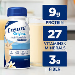 Front label of Ensure Original Vanilla shake emphasizes 9g protein and vitamins.