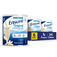 Ensure Original Vanilla powder bottle showing 8g protein per serving for daily nutrition.