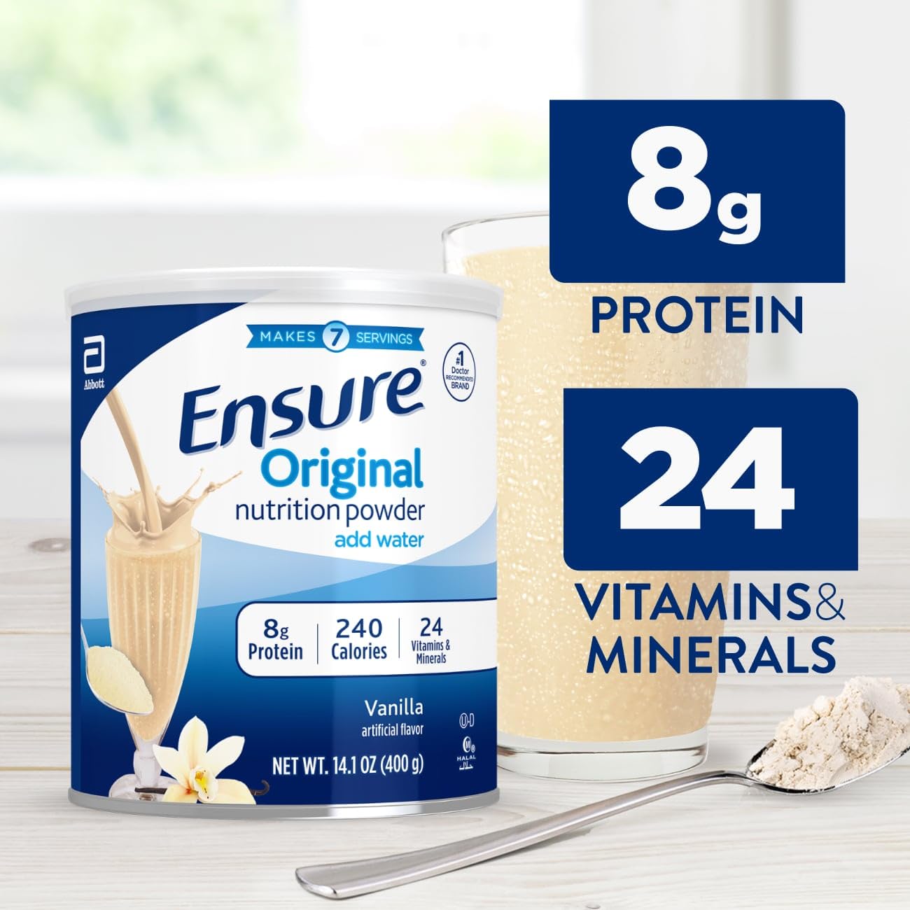 Ensure Original Vanilla powder bottle pouring into scoop for a quick shake.